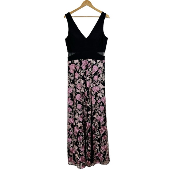 Xscape Floral Embroidered Front Slit Sleeveless Gown Maxi Dress Black + Pink 14 - Picture 2 of 16